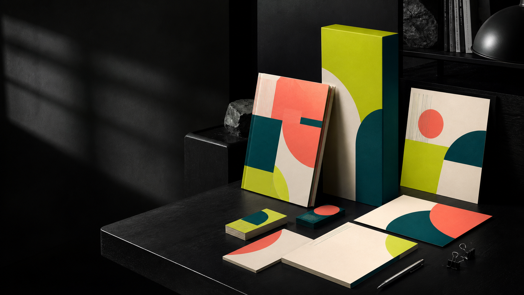 Colourful brand identity materials arranged inside a monochrome design studio