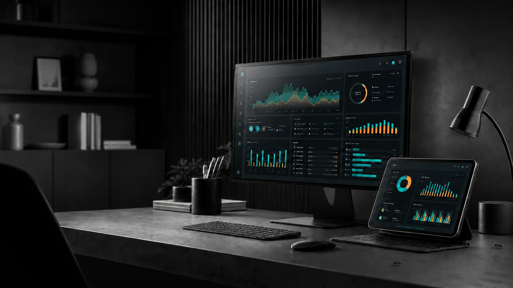 A colourful business dashboard displayed across screens in a monochrome professional workspace