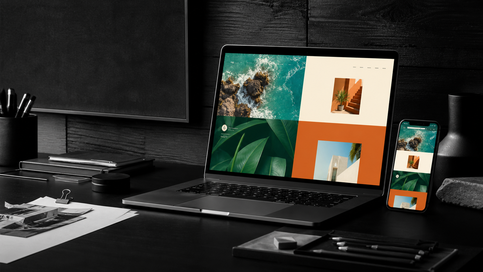A colourful website displayed on a laptop and phone in a monochrome creative workspace