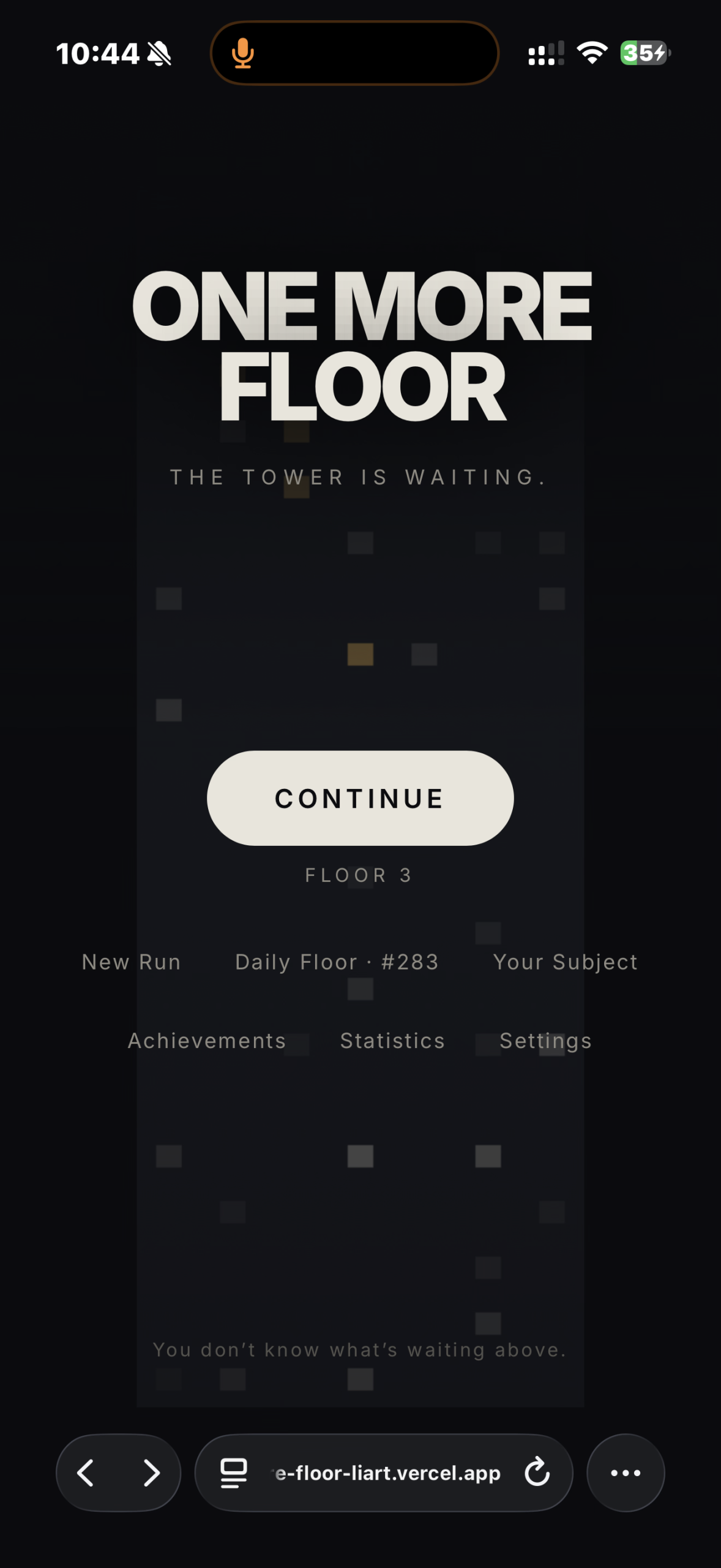 One More Floor title screen on a phone: &ldquo;The tower is waiting.&rdquo; with a Continue button at floor 3 and menu links for New Run, Daily Floor, Your Subject, Achievements, Statistics and Settings
